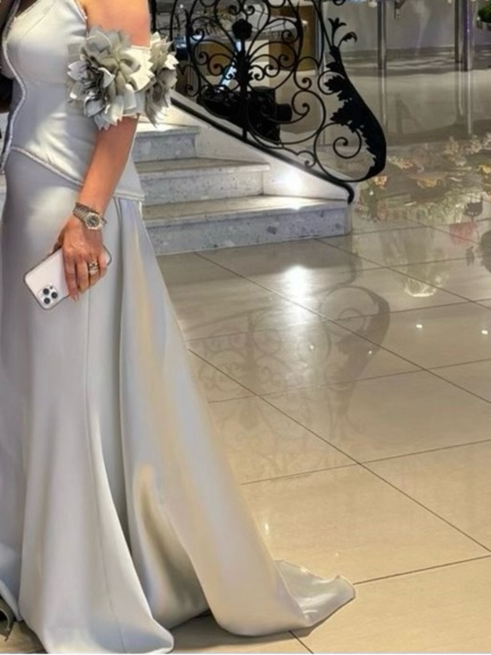 Elegant pastel light green Off-Shoulder Evening Gown with Floral Sleeve Detail
